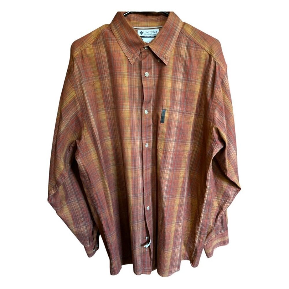 Columbia Men's Light Orange Plaid Long Sleeve Lightweight Button Down Shirt Sz L